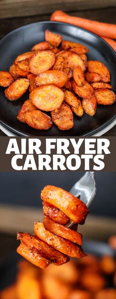 air fryer carrots on a black plate with the words air fryer carrots