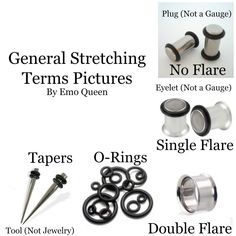 several different types of metal items with names and pictures on them, including tapers, rings, double flares