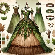 Elf Fairy Aesthetic, Earth Inspired Dress, Nature Inspired Dress Illustration, Forest Fairy Costume Ideas, Forest Theme Dress, Forest Dress Aesthetic, Elemental Outfits, Leave Dress, Queen Of Fairies