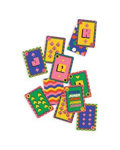 the colorful cards have numbers and shapes on them