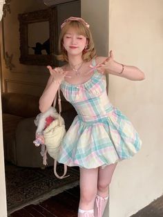 Colorful Mini Dress, Fairy Woman, Mini Skirt Outfits, Rainbow Fairy, Rainbow Plaid, Dress Fairy, Girl Rainbow, Kawaii Fashion Outfits, Bubble Skirt