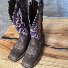 Women’s Size 6b Brown And Purple Leather. The Purple Has A Coppery, Iridescent Shine. Gorgeous Color These Boots Were Used For Dancing And Looking Pretty! Pre Owned Excellent Condition Euc Country Western Cowboy Wedding Party Vacation Concert Purple Cowboy Boots, Cowgirl Boots Square Toe, Ariat Cowgirl Boots, Cowboy Wedding, Boots Square Toe, Ariat Shoes, Purple Leather, Country Western, The Purple