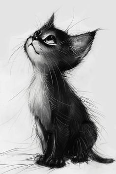 a black and white drawing of a kitten looking up at something in the air with its mouth open