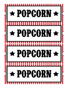 three red and black popcorn labels with stars on the top, one is for popcorn