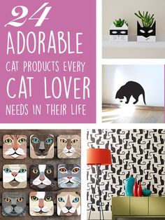 there are images of cats in the living room with text overlay that says, adorable cat products every cat lover needs in their life