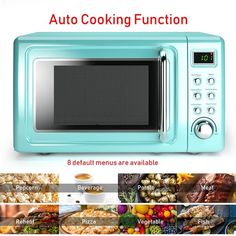 the microwave oven is blue and has instructions on how to cook in front of it