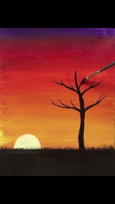 a painting of a tree with the sun setting in the background