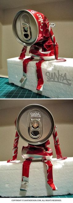 two pictures of an open can on top of a white box with red ribbon around it