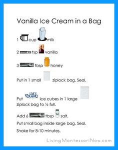 the vanilla ice cream in a bag is shown with instructions for how to use it