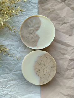 two white plates filled with food sitting on top of a piece of paper next to a plant