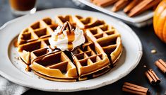 a waffle topped with whipped cream and caramel on a plate next to cinnamon sticks