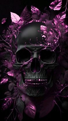 a skull with purple leaves around it's head and eyes on a black background