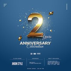 two years anniversary celebration flyer with gold numbers and confetti on a blue background