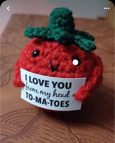 a red stuffed tomato with a sign that says i love you from my head tomatoes