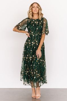 Arabella Embroidered Tulle Maxi Dress | Dark Green Floral - Baltic Born Tulle Maxi Dress, Tulle Material, Wedding Guest Attire, Fall Wedding Guest, Baltic Born, Modest Summer, Light Blue Dresses, Guest Attire, Wedding Attire Guest