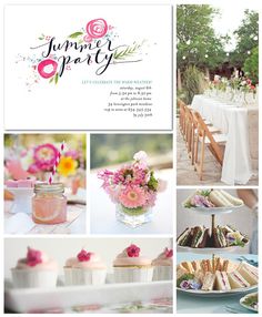 a collage of photos with pink flowers and desserts on the table for a summer party