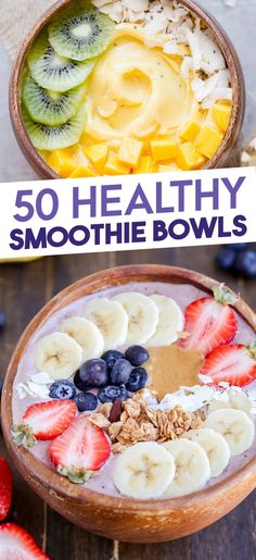 healthy smoothie bowls with fruit and yogurt in them