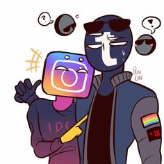 a man holding an instagram sticker in his right hand and another person with sunglasses on their head