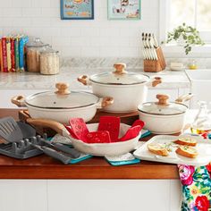 pots and pans are sitting on the counter