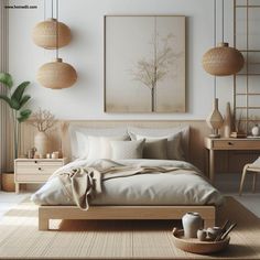 a bedroom with white walls and wooden furniture in the corner, along with hanging lights