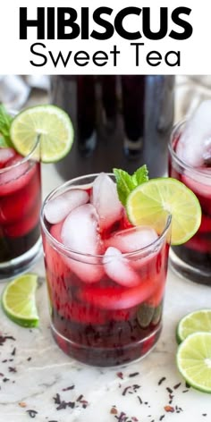 hibiscus sweet tea in glasses with limes and mint garnishes