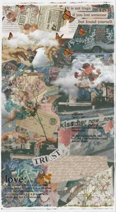 an altered collage with words and pictures on it, including the words trust in different languages