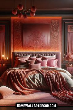 a bed covered in pink sheets and pillows next to a chandelier with candles