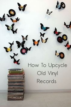 there are many records on the wall with butterflies flying around them and in front of it is a stack of vinyl records