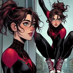 a woman in black and red spider suit standing next to a window with her hands on her hips