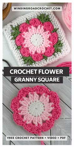 the crochet flower granny square is shown in pink and white