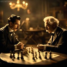 two men in suits playing chess at a table