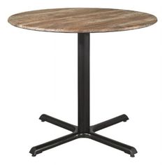 a round wooden table with two black metal legs and an aged wood top, viewed from the front