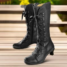 Category:Boots; Upper Materials:Faux Leather; Season:Winter,Fall; Heel Type:Kitten Heel; Gender:Women's; Toe Shape:Round Toe; Type:Mid Calf Boots; Style:Elegant,Fashion,Casual,Vintage; Heel Height(inch):1-2; Outsole Materials:MD (Phylon); Occasion:Outdoor,Daily; Closure Type:Lace-up; Pattern:Solid Color; Listing Date:11/09/2023; 2023 Trends:Button Boots,Heel Boots,Plus Size,Brogue; Heel Height:Mid Heel Ouji Fashion, Button Boots, Elf Shoes, Lace Up Block Heel, Fashion Student, Faux Leather Boots, Fantasy Dresses, Couture Mode, Retro Mode