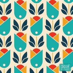 an abstract pattern with blue, orange and red flowers on a beige background that is in the style of art period