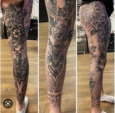 the legs are covered with tattoos and flowers