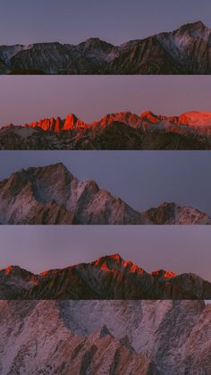 four different views of the mountains at sunset