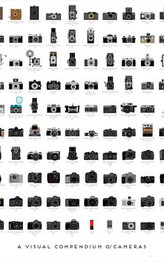 a large collection of cameras with different types of lenses on them, all in black and white