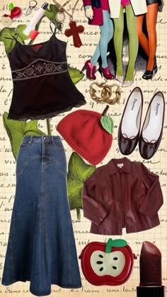 #outfitinspo #vintage #red #apple #ootd #ootdinspo #downtowngirl #fall #twee Applejack Aesthetic Outfit, Mable Pines Sweaters, Apple Core Outfits, Apple Inspired Outfits, Vintage Fall Clothes, Twee Style Aesthetic, Whimsical Twee Outfits, Whimsy Twee Fashion, Twee Outfits Fall