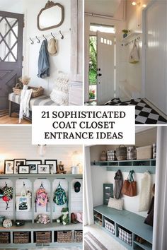 several photos of the inside of a house with coats hanging on hooks and coat racks