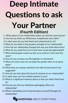 Deepen your connection with our Deep Intimate Questions to Ask Your Partner. Ideal for couples seeking to explore the depths of their relationship. Dive into these questions for a journey of mutual discovery and understanding. Check out our full list in the article, save this pin for your next intimate conversation, and share your most insightful moments in the comments! Intimate Questions For Couples, Questions To Ask Your Partner, Couples Therapy Worksheets, Text Conversation Starters, Deep Conversation Topics, Partner Questions, Intimate Questions, Deep Questions To Ask