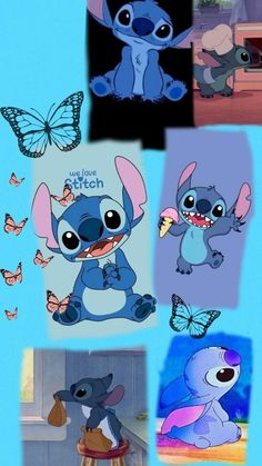 stitch and stitch characters with butterflies in the background, including an image of stitch's face