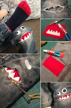 several pictures of jeans that have been made to look like a monster with teeth and eyes