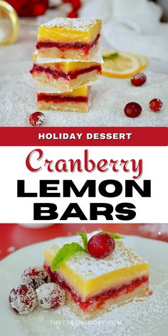 cranberry lemon bars with powdered sugar and fresh cherries on the top