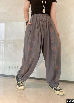 Fisdy - Pantalones Vintage de mezcla de lino y algodón, de corte holgado, cintura elástica y perneras anchas Styling Wide Leg Pants, Wide Leg Linen Trousers, Loose Fitting Pants, Vintage Trousers, Vintage Pants, Linen Trousers, Look Casual, Olivia Mark, Leisure Wear