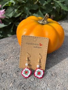 a pair of red, white and green beaded earrings sitting on top of a rock next to a pumpkin