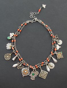 Old Berber amulets and pendants adorn 2 strands of sterling silver chain beaded with antique Moroccan coral. One of a kind. Modern ethnic jewelry by Angela Lovett Designs Diy Statement Necklace, Vintage Jewelry Ideas, Charm Necklace Silver, Bijoux Diy, Diy Necklace