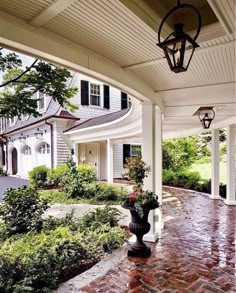 the front porch is covered with plants and potted trees