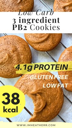 chocolate chip cookies with peanut butter frosting on top and the words, low carb 3 ingredient pb2 cookies gluten free lowfat