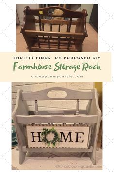 an old crib with the words farmhouse storage rack painted on it, and a photo of