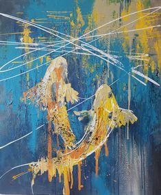 an abstract painting with yellow and blue colors